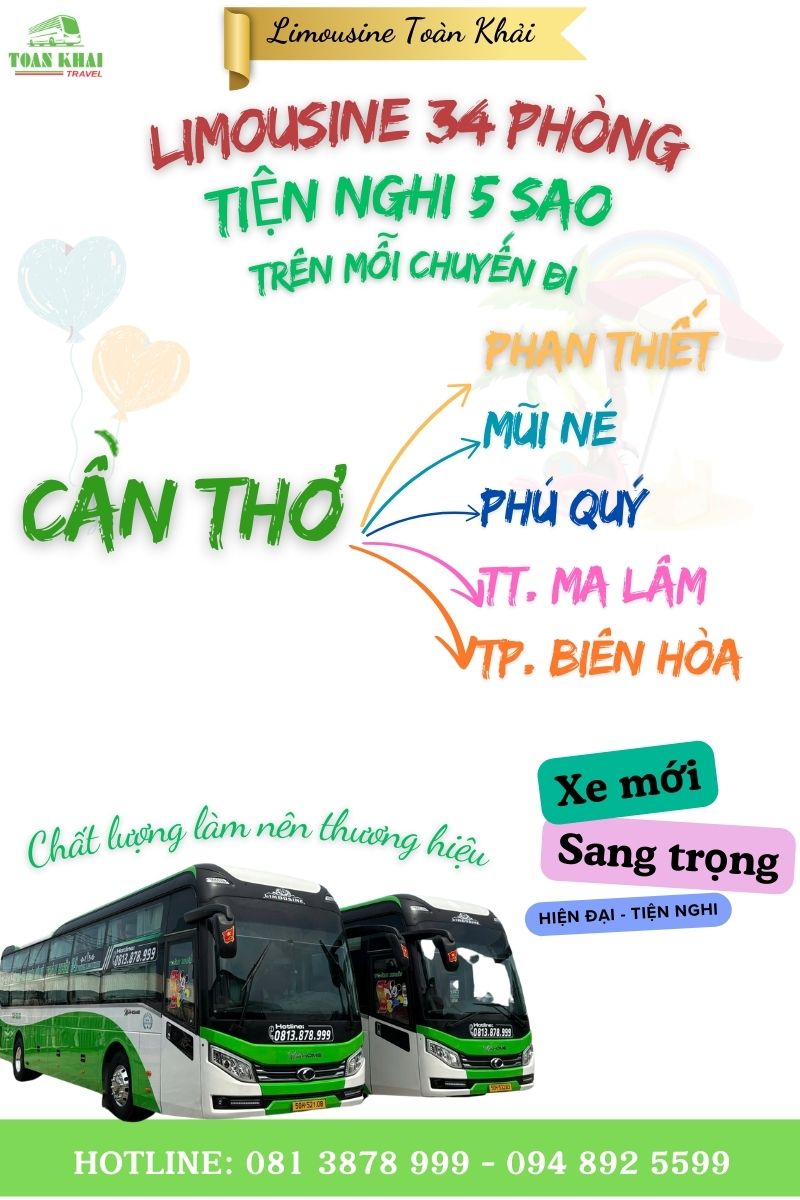 Gợi ý dòng xe limousone 34 phòng nằm tuyến Cần Thơ - Biên Hòa, Phan Thiết, Thị trấn Ma Lâm - Bình Thuận, của nhà xe Limousine Toàn Khải.